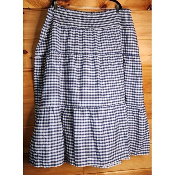 Universal Thread Blue White Check Gingham Tiered 4X Midi Long Skirt Picnic Plaid - Picture 1 of 12